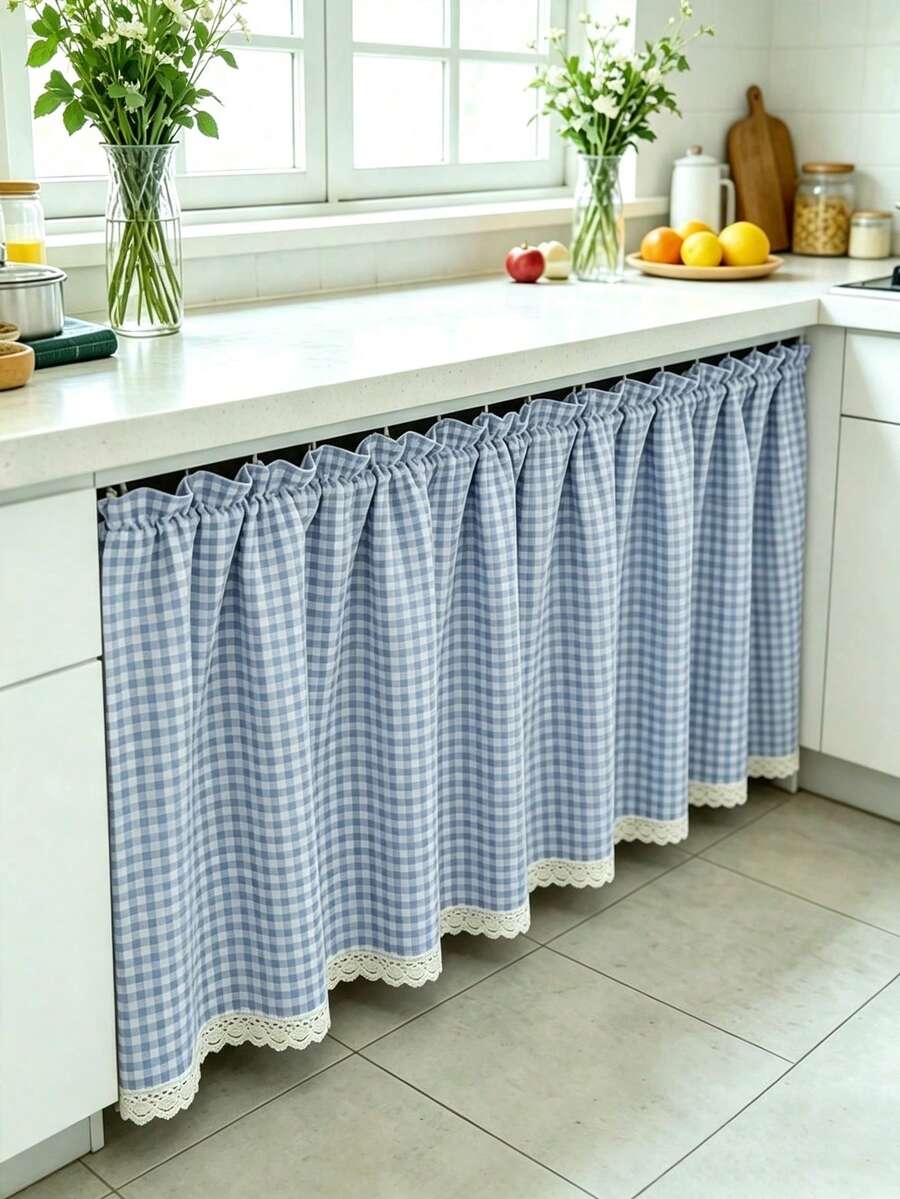 1 buah Tirai Pendek Gingham Elegan, Rok Meja, Dekorasi Trim Renda Unik, Tirai Jendela Gaya Kafe, Cocok Untuk Jendela Lemari, Dapur, dan Kamar Mandi - Blue and White - View 1