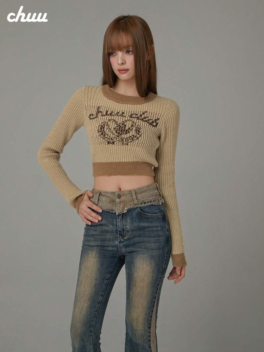 CHUU Letter Jacquard Contrast Color Knit Sweater Women Autumn Slim Fit Long Sleeve Base Layer Short Sweater - Khaki - View 1