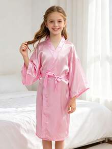 Tween Girl Crossover Short Sleeve Casual Loungewear Robe, Pink - Multicolor - View 3