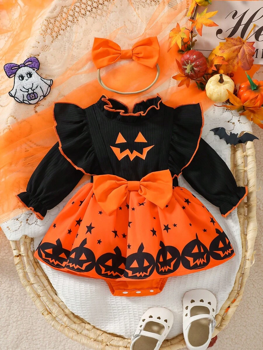 Baby Girl Halloween Theme Pumpkin Head & Star Print Ruffle Bow Long Sleeve Triangle Bodysuit Dress, Autumn - Multicolor - View 1