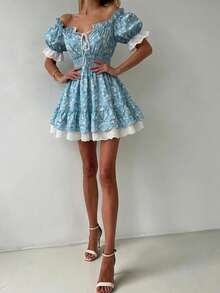 Women's Blue Ditsy Floral Sexy Cute Romantic Countryside Sweet Off-Shoulder Contrast Color Lace Patchwork Tie Waist Mini Dress, Spring/Summer Elegant - Baby Blue - View 2