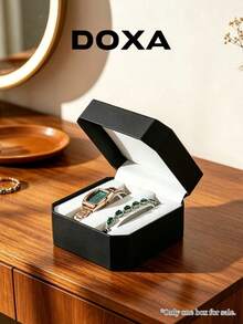 DOXA Black Angular Flip Top Jewelry Storage Box With Dual Compartments, Padded Lining And Slot Dividers, Luxury Birthday Anniversary Gift Box - Black - View 4