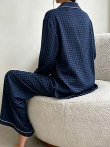 2pcs Classic Plaid Lapel Front-Opening Long Sleeve Pants Pajama Set, Simple Casual Women's Sleepwear - Navy Blue - View 5