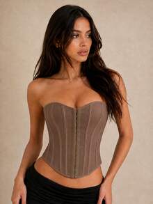 ApperlothPOP 復古綁帶露背束腰上衣，鋼骨撐架、金屬孔眼，露背塑身短版抹胸上衣，萬聖節裝扮，秋季女裝 - 卡其色 - 查看 2