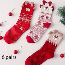 1/3/6/12 Pairs Women's Red Mid-Calf Socks, Printed With Santa Claus, Snowman And Reindeer Patterns, Suitable For Matching Christmas Outfits - Multicolor - View 10