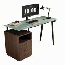 Modern Desk With Glass Top, 3 Drawers, Open Shelf And Metal Frame, Brown - 棕色 - 查看 7