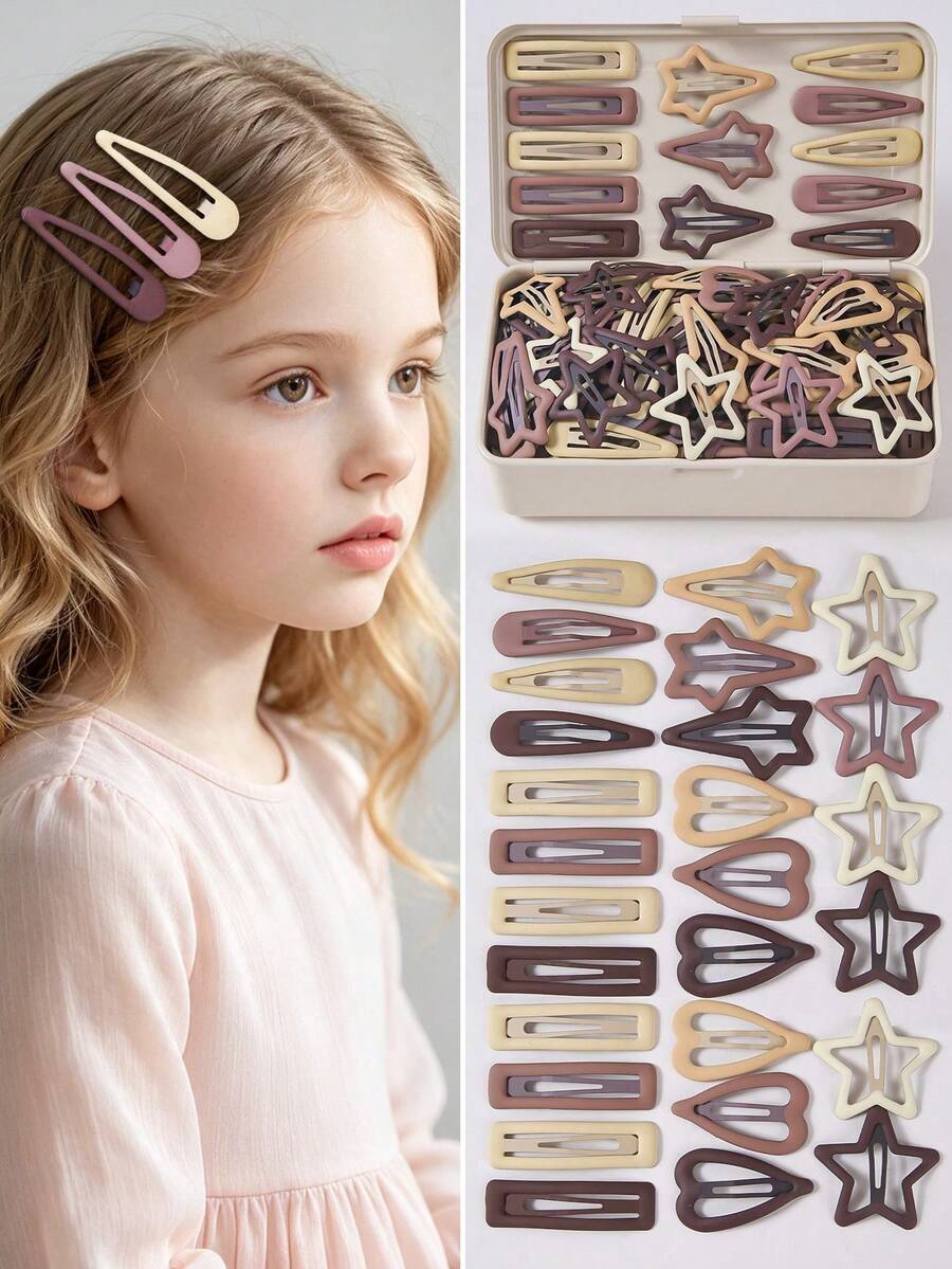 15pcs/Set Girls Morandi Color Heart, Star, Water Drop Hollow Cute Sweet Hair Clips, Bangs Clips, Decorative Hair Accessories, Suitable For Daily Use And Back To School - Multicolor - View 1
