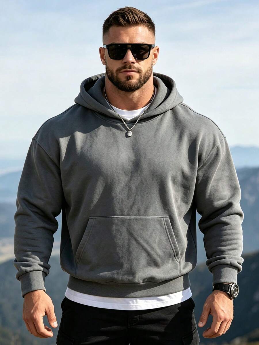 Men's Solid Color Drop Shoulder Long Sleeve Casual Pocket Hoodie, Autumn/Winter - Dark Grey - View 1
