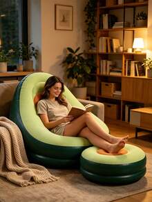 Avocado Flocked Inflatable Sofa With Footstool, Lazy Sofa Couch Portable Air Lounger Chair, Indoor Outdoor Recliner For Living Room Bedroom Balcony Camping - Multicolor - View 2