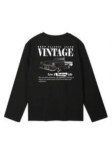 Women's Spring/Autumn Loose Fit Versatile Round Neck Fashion Casual Letter & Cartoon Car Print Long Sleeve T-Shirt - Black - View 5