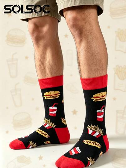 1/3/6 Pairs Men's Novelty Pizza Fries Burger Pattern Crew Socks,Soft Breathable Funny Fast‑Food Design Casual Socks,For Daily Wear&School Gifts