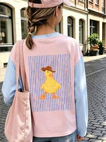Tween Girl 1pc Printed Patchwork Contrast Color Long Sleeve T-Shirt, Suitable For Tween GirlsAutumn/Winter Top, Young Student Children's Clothing, Suitable For Outerwear And Inner Layer - Pink - View 1