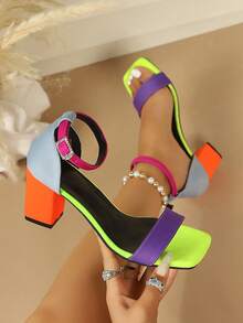 Elegant Women's Open Toe Square Toe High Heel Sandals, Contrast Color Comfortable Chunky Heel Shoes, Suitable For Summer Parties And Vacations - Multicolor - View 1