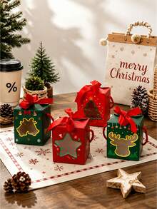 4/8/12pcs Christmas Gift Box With Handle & Ribbon,Xmas Candy Boxes With Window Cutout, Reindeer Tree Star Design, Holiday Party Favor Treat Boxes With Bow - View 6