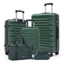 YONSLY Suitcase Set With Combination Lock 4 360° Wheels Mesh Pocket Soft Rubber Handle Nylon Toiletry Bag Travel Bag And 16+20 Inch Travel Suitcase - 深綠 - 查看 1