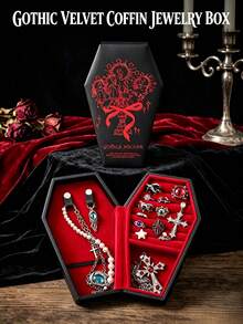 1pc Fashion Gothic Coffin-Shaped Jewelry Box, Fashionable Artificial PU Leather Mini Jewelry Storage Box, Perfect For Storing Earrings, Rings, Necklaces And Bracelets, Portable Gothic Style Storage Box, Perfect For Halloween, Christmas, Back To School, Unique Gift For Fashion Enthusiasts And Collectors - Multicolor - View 3