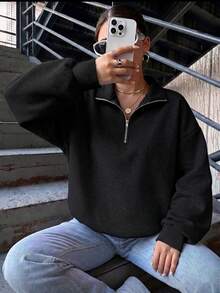Sudadera casual de manga larga con cuello vuelto y cremallera, talla grande, color negro, para primavera - Negro - Ver 2
