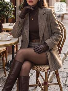 DONICY Women's Grey Brown Plaid Notch Lapel Double-Breasted Cropped Blazer, Vintage Slim Fit Office Suit Jacket, Suitable For Spring And Autumn Daily Wear - Brown - View 7