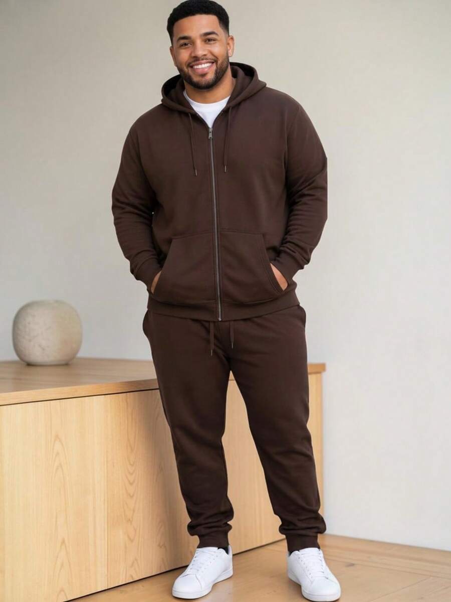 Men Plus Size Hoodies Sets - Coffee Brown - View 1