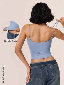TimeOff Women's 1pc Solid Color Spaghetti Strap Backless Padded Cropped Tank Top For Outdoor Running And Fitness - Dusty Blue - View 1