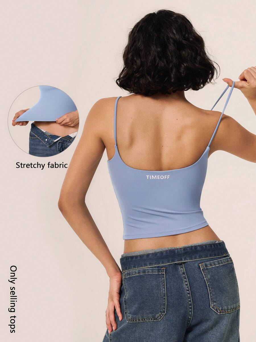 TimeOff Women's 1pc Solid Color Spaghetti Strap Backless Padded Cropped Tank Top For Outdoor Running And Fitness - Dusty Blue - View 1