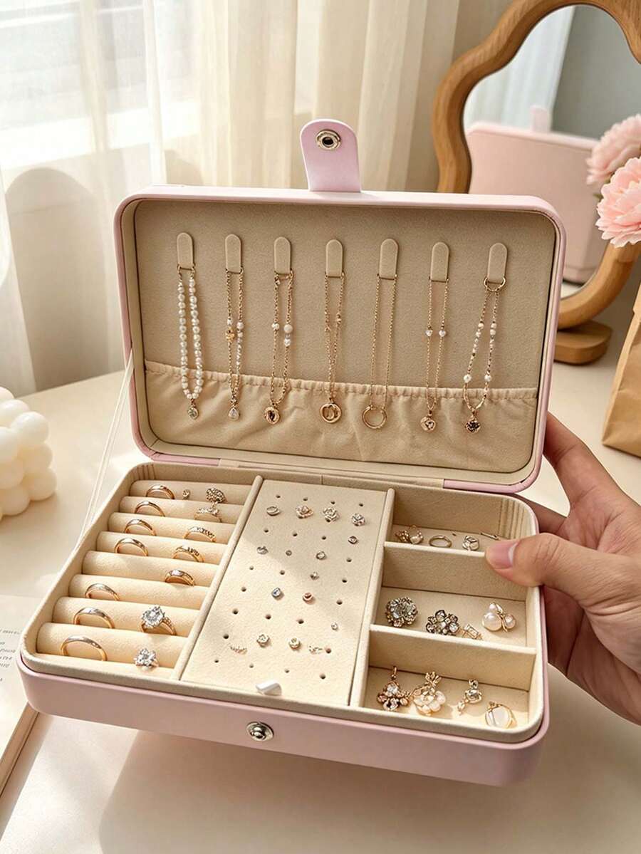1pc Large Capacity Jewelry Box, PU Leather Jewelry Box, Portable Travel Jewelry Storage Box, Multi-Layer Jewelry Display Box, Compact Earring & Ring Box, Jewelry Organizer, Women's Gift Box, Travel Essential