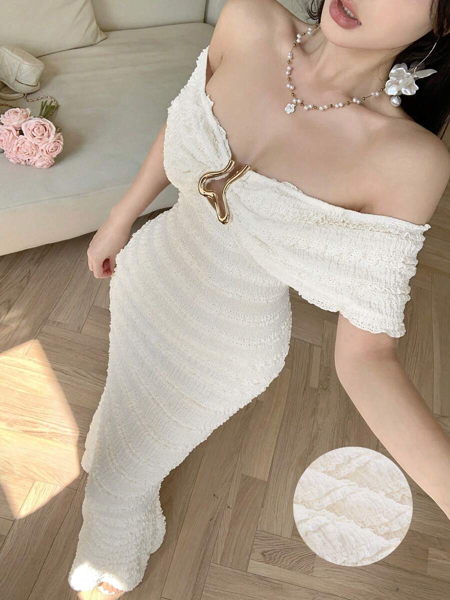 abyoxi 女款杏色優雅浪漫單肩細肩帶抓皺百褶修身長洋裝,適合派對、夜晚外出、婚禮賓客、畢業季、舞會季、婚禮季、度假季,夏秋美人魚風格 - 杏色 - 查看 1