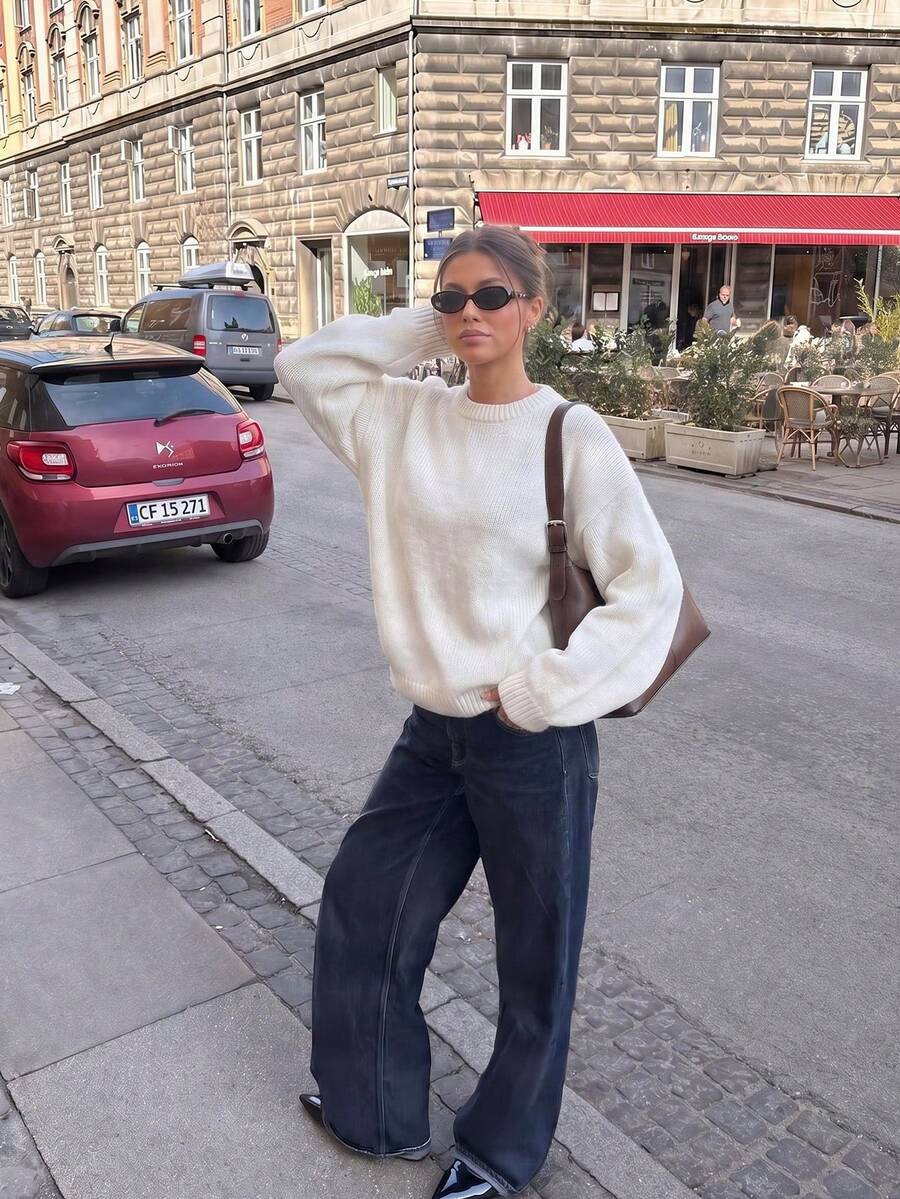 Women's Casual Cute Y2K Solid Color Simple Basic Loose Knit Sweater Top Oversized Jumper Pullover Fall Winter Going Out Outfits Clothes - White - View 1