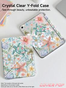 海龜與椰子樹扶桑花圖案平板保護殼，相容 iPad Air 8 (M4) 2026 (11 吋) / 2026 (13 吋)、9.7/10.2/10.5/10.9/12.9/Pro 11/A16、第 10 代、Kindle Paperwhite 第 12 代 2024、Kindle (第 11 代 - 2024 發行)，柔軟防震，智慧休眠/喚醒功能，Y 型折疊平板保護殼，多角度觀看 - 彩色 - 查看 4