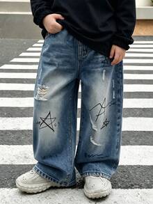 Boys' Washed Distressed Denim Jeans With Snowflake Effect, Star & Letter Graffiti Print, Elastic Waist, Casual Streetwear Vintage Style, Suitable For School, Commuting, Social Gatherings, Daily Wear - Medium Wash - View 2