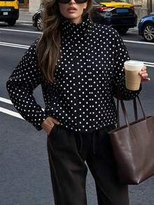 Jaket Pendek Kasual Wanita Model Vintage Warna Hitam dengan Motif Polkadot, Tali Serut, Bahu Jatuh, Potongan Longgar, Cocok untuk Perjalanan Sehari-hari - Hitam dan Putih - View 5