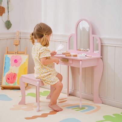 QABA Kids Dressing Table And Chair Set, Girls Dressing Set, Makeup Desk With Drawer For 3-6 Years Old Kids, Pink