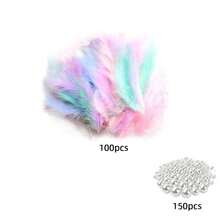 250/350/450pcs Macaron Color Mini Feather Handmade Bulk Pack, Includes 150 Pearls, Mixed Color Fluffy Decorative Feathers, Soft DIY Materials, Suitable For Wedding Party Home Decor And Photography Props - Multi-color - View 10