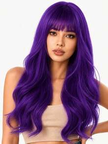 Peruca de Cabelo Encaracolado com Franja Ondulada de 28 Polegadas, Elegante e Fashion para Festa, Estilo Elegante, Natural e Versátil, Adequada para Uso Diário e Festa de Baile de Todas as Mulheres - Roxo escuro - Visão 8