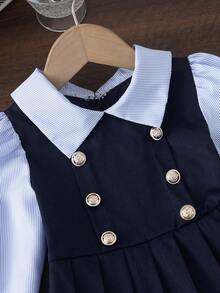 BASUSARRI Young Girls Dress With Collar, Buttons, Striped Patchwork, Pleated Hem, Preppy Style, Fashionable Elegant, Campus School Uniform, Simple And Stylish - Blue - View 6