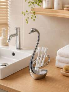1pc Luxury Swan Design Toothbrush Holder, Stainless Steel Desktop Storage Rack, Suitable For Home Bathroom Vanity And Multiple Scenes, Sturdy Placement For Toothbrush And Toothpaste, Exquisite Artistic Craftsmanship Decor, Minimalist Silver Appearance, Space-Saving, Bathroom Desktop Decoration And Storage 2-In-1 Practical Item - Multicolor - View 9