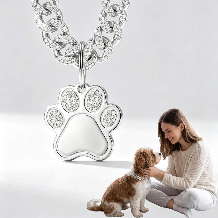 1pc Shiny Rhinestone Metal Cuban Chain Pet Dog Necklace Decoration, Paired With Sparkling Crystal Paw Print Dog ID Tag, Suitable For Female Dogs, Small And Medium-Sized Dogs, Daily Casual, Birthday Gift For Pets - Multicolor - View 1
