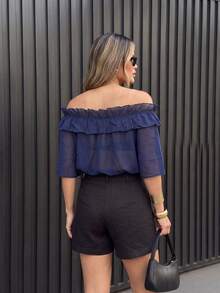1pc Women's New Solid Color Chiffon Puff Sleeve Off-Shoulder Blouse With Ruffle Trim, Suitable For Vacation, Beach, Evening Date, Daily Wear, Spring/Summer - Blue - View 3