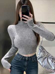 Sweater Rajut Bergaris Leher Tinggi Lengan Panjang Wanita, Bahan Lembut dan Elastis Sedang, Cocok untuk Musim Gugur - Grey - View 1