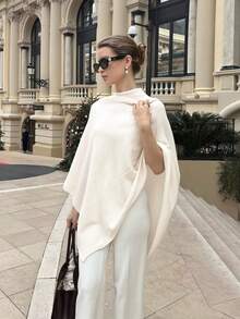 Women's 2 Pieces Knit Shawl Sweater Set, High Neck Loose Asymmetrical Drop Shoulder, Solid Color Minimalist Cape Design, Soft Knit Texture, Elegant Autumn Outfit For Commute And Vacation - White + Black - View 7