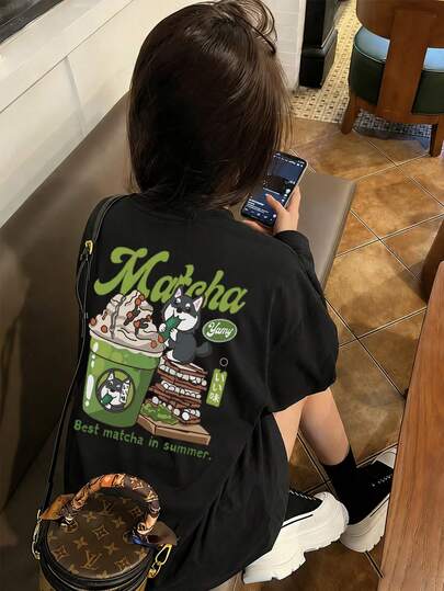 Women's Loose Fit Crew Neck Fashion Casual Versatile Letter Matcha Cartoon Print Long Sleeve T-Shirt, Spring/Autumn