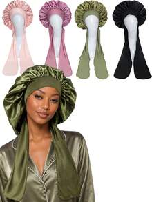CONFLASS 1pc/4pcs Women Satin Ribbon Bow Elastic Headband, Hair Band, Beauty Salon Headpiece, Satin Sleep Cap, Satin Bonnet Sleep Bonnet - Coffee Brown - View 15