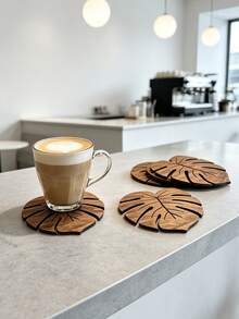 Monstera Leaf Shaped Natural Wooden Coaster, Flat Hollow Heat-Resistant Non-Slip Coaster, Autumn Home Desktop Decoration, Holiday Housewarming Christmas Gift, For Desktop Protection - Multicolor - View 5
