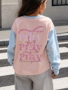 Tween Girl 1pc Printed Patchwork Contrast Color Long Sleeve T-Shirt, Suitable For Girls' Autumn/Winter Tops, Young Student Children's Wear, Suitable For Outerwear And Layering - Pink - View 2