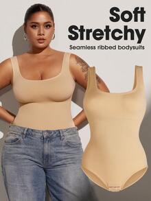 1pc Women Plus Size Seamless Bodysuit, Waist Cinching, Tummy Control, Butt Lifting - Apricot - View 2