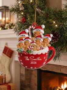 Personalized Christmas Gingerbread Man Mug Ornament, Customized Name Text, Family Member Christmas Tree Hanging Decoration, Red Mug Candy Cane Gingerbread Man Winter Holiday Theme Design, Suitable For Christmas Tree, Fireplace Mantel, Living Room, Entryway, Party Decoration And Family Keepsake, Christmas Gift, Christmas Stocking Tag, Bauble - Multicolor - View 5