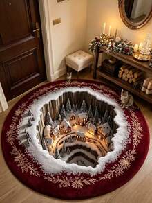 1pc Christmas Theme Round Visual Valley Snow Village Rug, Thickened Rug, Thick Rug, Plush Rug, Autumn/Winter Rug, Thickened Rug, Decorative Rug, Bedroom Decor, Small Rug, Rug, Home Decor, Living Room Rug, Living Room Small Rug, Bedroom Rug, Living Room Home Decor, Outdoor Rug, Washable Rug - Multicolor - View 1