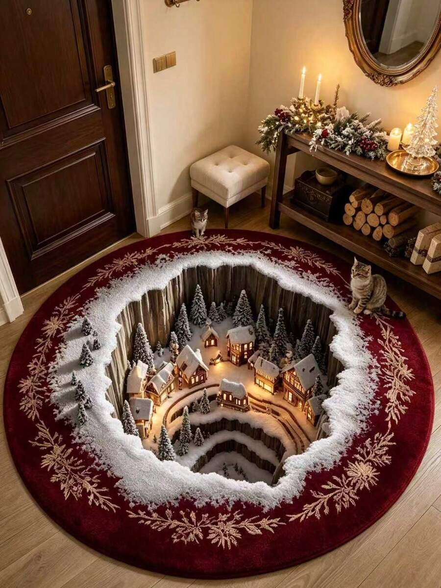 1pc Christmas Theme Round Visual Valley Snow Village Rug, Thickened Rug, Thick Rug, Plush Rug, Autumn/Winter Rug, Thickened Rug, Decorative Rug, Bedroom Decor, Small Rug, Rug, Home Decor, Living Room Rug, Living Room Small Rug, Bedroom Rug, Living Room Home Decor, Outdoor Rug, Washable Rug - Multicolor - View 1