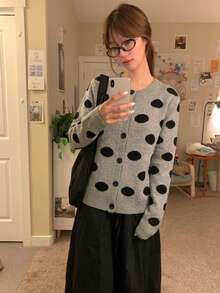 French Style Premium Grey Polka Dot Knit Cardigan Women Autumn/Winter Long Sleeve Thin Short Sweater Jacket Top Fall - Grey - View 1