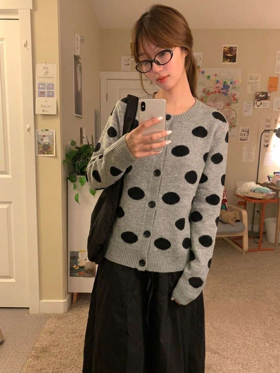 French Style Premium Grey Polka Dot Knit Cardigan Women Autumn/Winter Long Sleeve Thin Short Sweater Jacket Top Fall - Grey - View 1